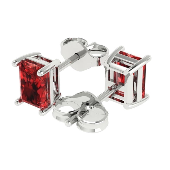 2.0 Ct Emerald Cut Studs Red Natural Garnet 18K White Solid Solid Gold Everyday Dainty Earrings Push Back