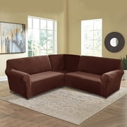 TOPCHANCES Velvet Sectional Corner Sofa Covers, 5 Seat L-Shaped Sectional Couch Slipcovers, 3 Piece Stretch Soft Furniture Sofa Protector for 5-Seater Corner Sofas ( Brown )