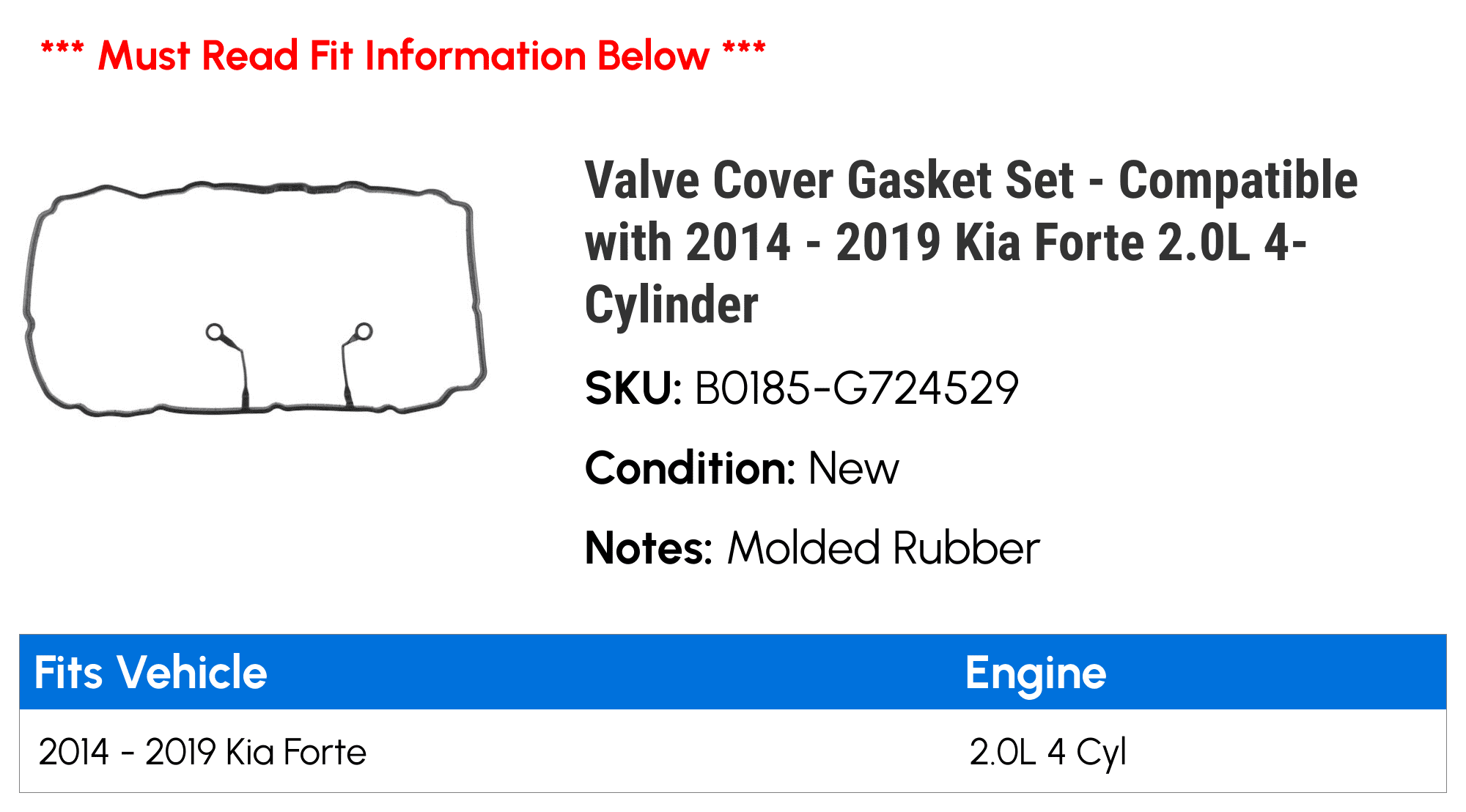 Valve Cover Gasket Set - Compatible with 2014 - 2019 Kia Forte 2.0L 4-Cylinder 2015 2016 2017 2018