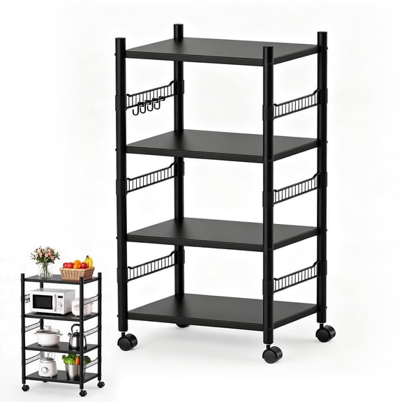4 Tier Rolling Storage Cart, Metal Kitchen Storage Rack with Wheels, Multifunctional Adjustable Utility Shelving Unit, Mobile Organizer Shelf for Kitchen, Bathroom, Pantry & Laundry Room