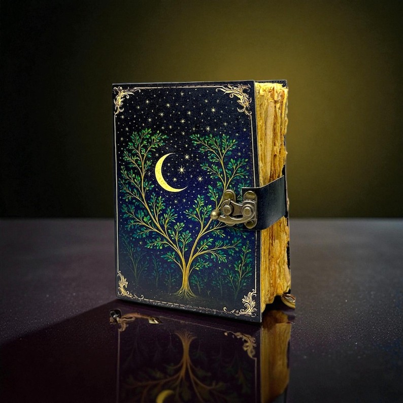 Handmade Leather Moon & Tree Journal, 5x7” Vintage Notebook with 200 Handmade Pages & Antique Clasp – Celestial Writing Diary