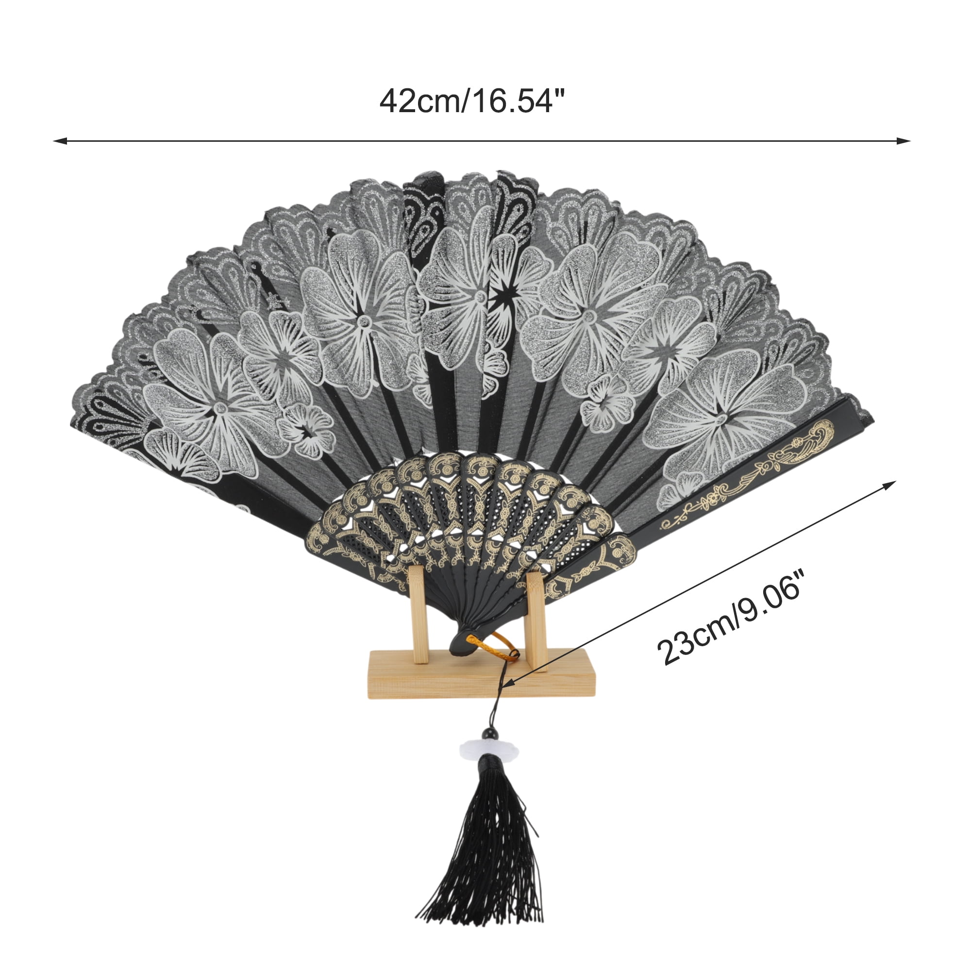Unique Bargains Rose Lace Folding Fan with Tassel for Weddings and Parties in Silver Tone, 1 Pc