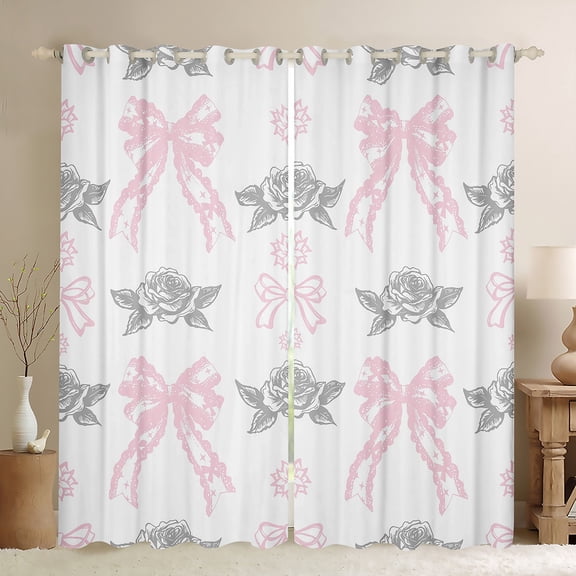 jejeloiu Retro Bow Ribbon Black Out Curtains,Cartoon Flowers Pattern Curtains Pack of 2 (42x63 Each),White Pink Gray Bedroom Curtains For Girl,Microfiber Bedroom Decor