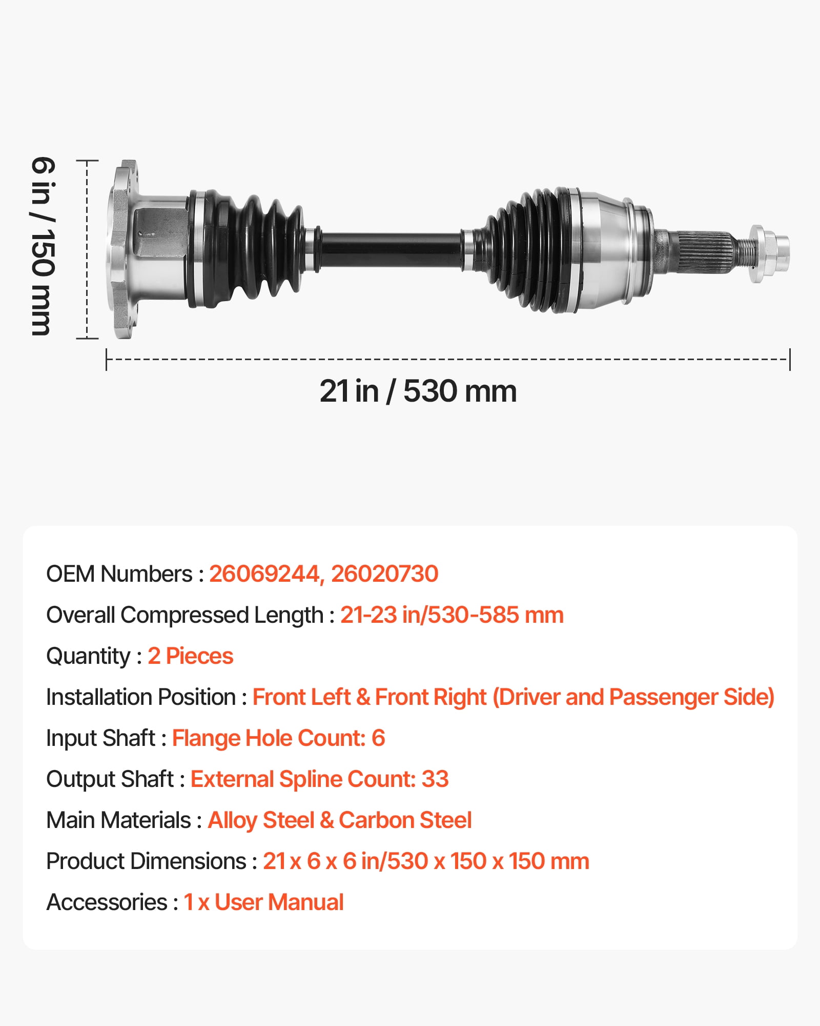 VEVOR CV Axle Shaft Assembly, 2 Pieces Front Left & Right (Driver and Passenger Side), Automotive Replacement Axles Pair Compatible with 1999-2006 Chevrolet Silverado 1500,Alloy Steel & Carbon Steel