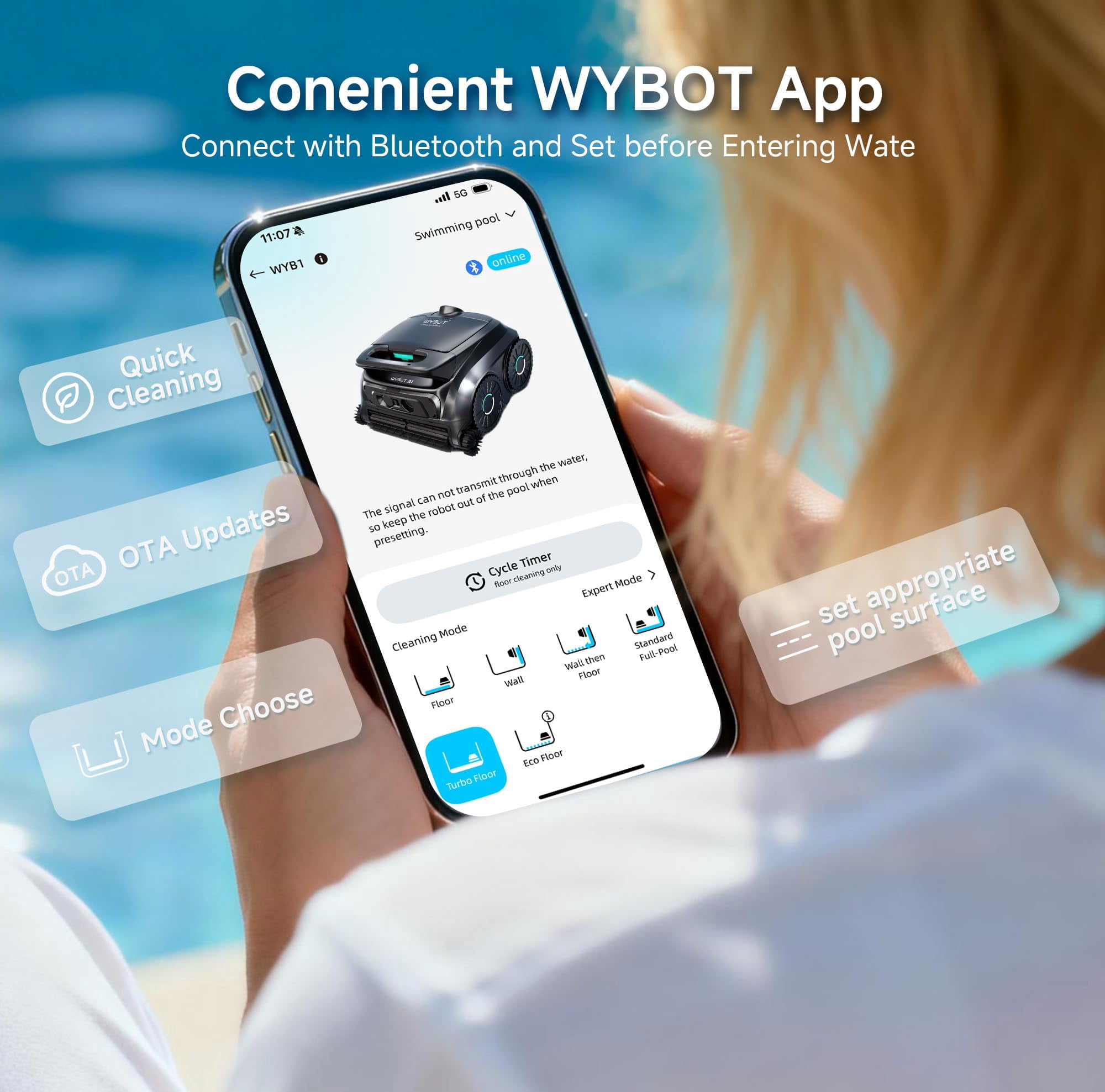 WYBOT B1 Robotic Pool Cleaner, Floor and Wall Cleaning, 120min Runtime Cordless Pool Robot for Inground & Above Ground Pools, Smart Navigation, Self-Parking, Dual Side Brushes, Black Green