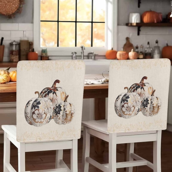Fall Thanksgiving Chair Covers Set of 8 Pumpkin Rustic Floral Botanical Leaves Linen Chair Back Covers Stretch Removable Washable Slipcovers Protector for Dining Room Kitchen Party Decor
