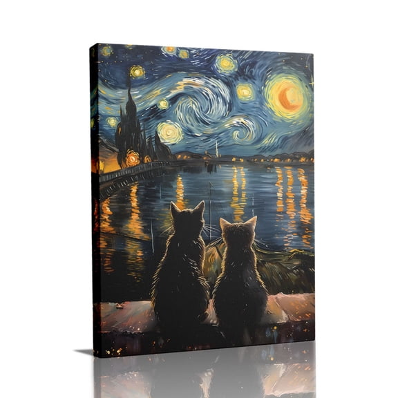 “Cats Watching Starry Night” Whimsical Canvas Wall Art Ready to Hang for Living Room and Bedroom