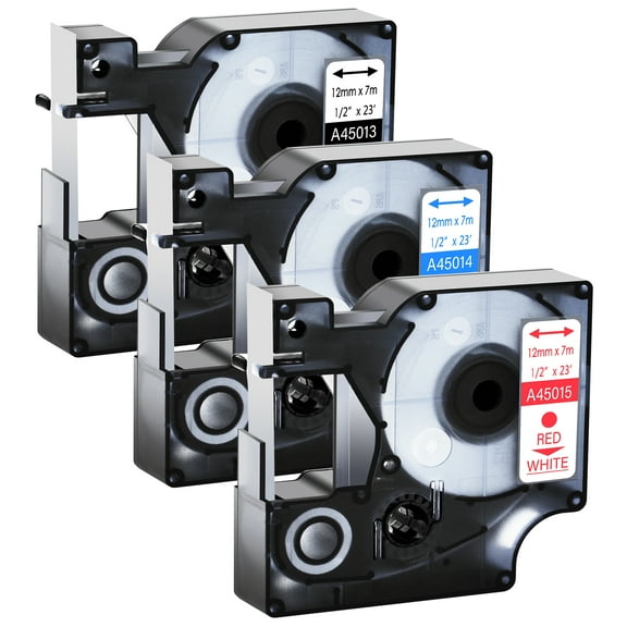 GREENCYCLE 3PK Compatible for DYMO D1 Label Tape 45013 45014 45015 12mm Black/Blue/Red on White for LabelManager 160 210D 260P 280 360D 420P 450Duo Wireless PnP Colorpop