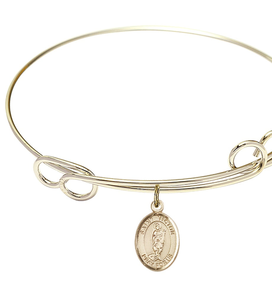 Heart Charm On A 7 1//2 Inch Round Double Loop Bangle Bracelet