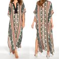 thumbnail image 2 of Beach Boho Print Long Bikini Cover Up Batwing Sleeve Suit Coverup V-Neck for Women Kaftan Oversized Maxi Dress Vacation for Sun for Protection, 2 of 11