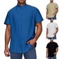 thumbnail image 1 of Men's Linen Shirts Casual Button Down Short Sleeve Shirts Solid Color Shirt Embroidered Collar Top Shirt Blue, 1 of 8
