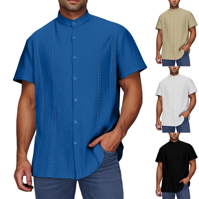 Men's Linen Shirts Casual Button Down Short Sleeve Shirts Solid Color Shirt Embroidered Collar Top Shirt Blue