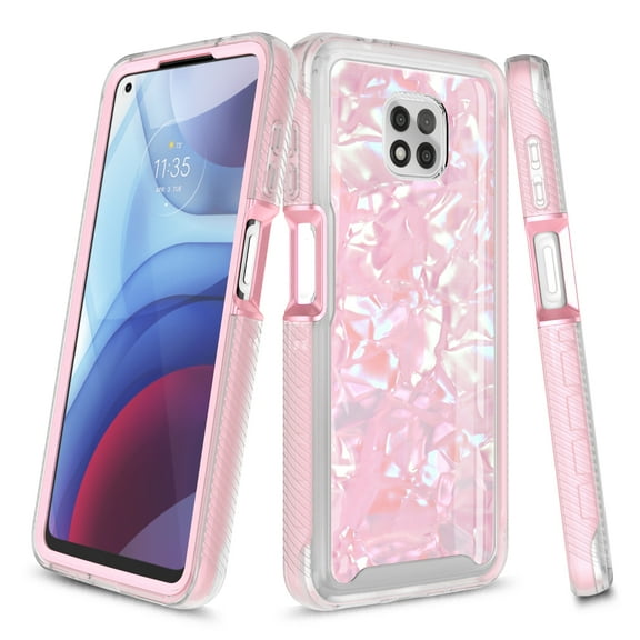 Moto G Power 2021 Case, Rosebono Graphic Design Shockproof Impact Resistant Protective Full-Body Rugged Clear Hybrid Bumper Case for Moto G Power 2021 (Pink Shell)