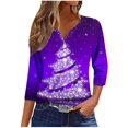 thumbnail image 2 of Puntoco Camiseta informal con cuello en V y botones con estampado navideño de moda para mujer, blusa holgada de manga 3/4, 2 of 5