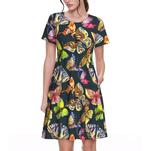 Easygdp Butterfly Wild Insect para Vestido Transpirable de Mujer, Vestido Suelto de Manga Corta con Pliegues y Bolsillos para el Verano