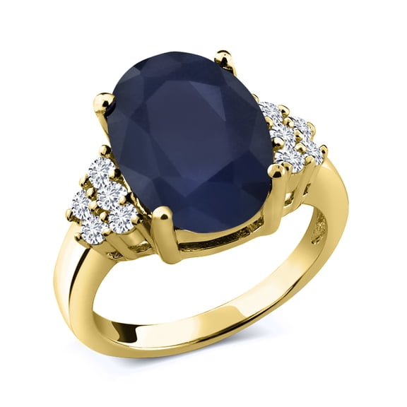 Gem Stone King 6.90 Ct Oval Blue Sapphire White Diamond 18K Yellow Gold Plated Silver Ring (Size 9)