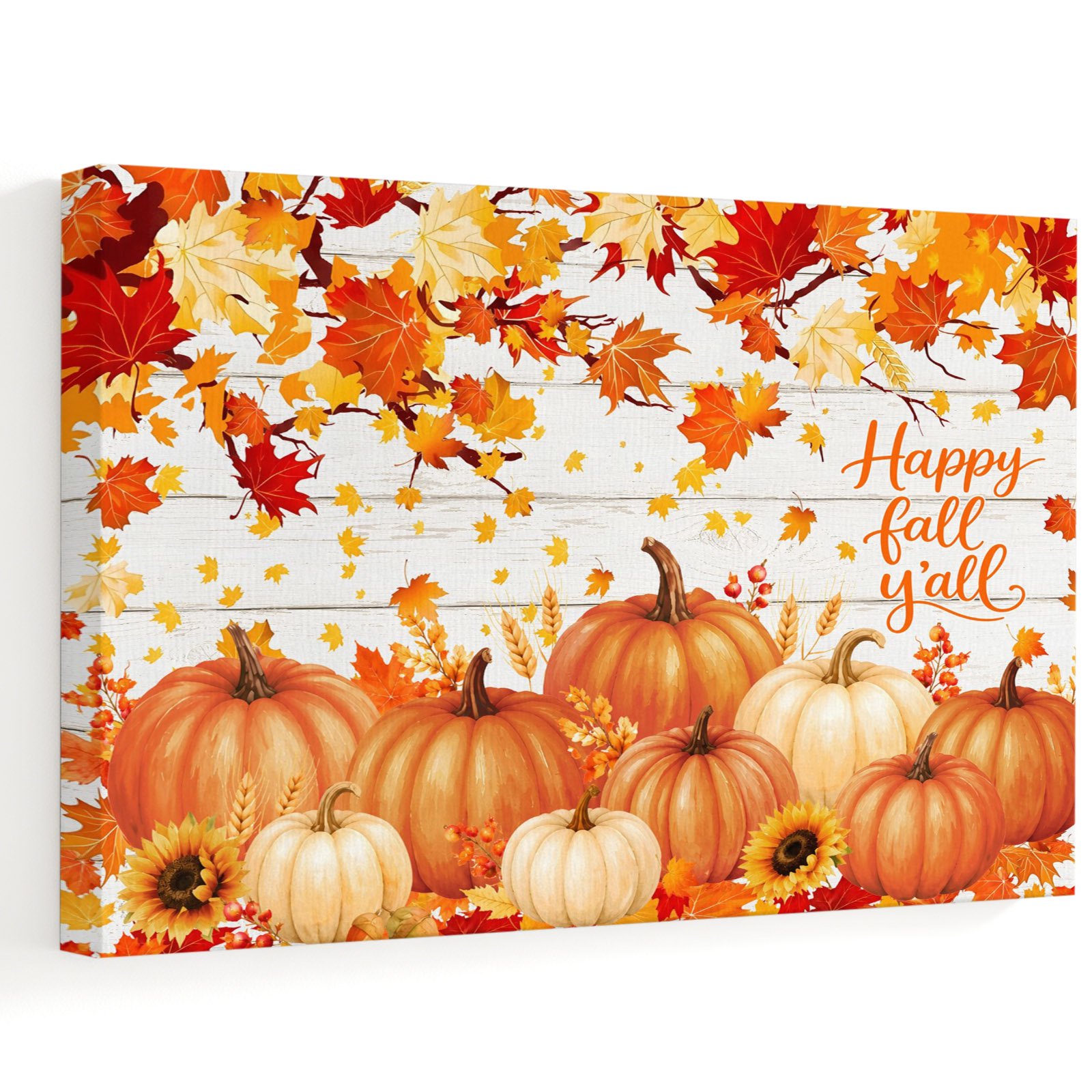 Thanksgiving Canvas Wall Art Happy Fall Beige Pumpkin Orange Maple Leaf Wood Grain Wall Art Prints Artwork Framed Canvas Ready to Hang Art Pictures for Bathroom Bedroom Entry Desk Corner 10 x 8