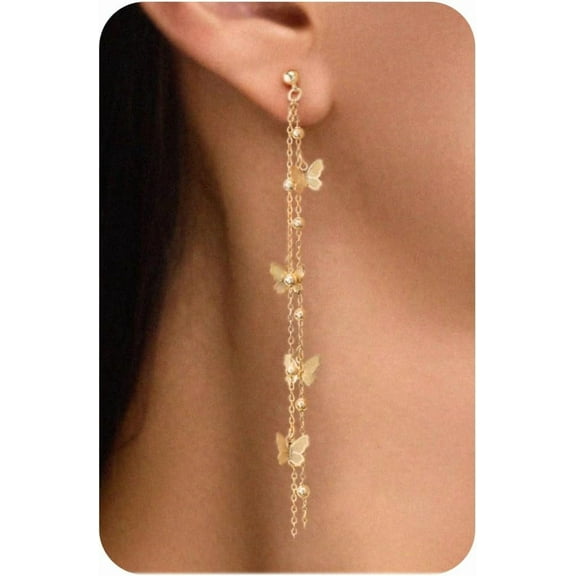 Dangle Earrings for Women- 14K Gold Plated Butterfly Heart Star Hoop Chain Tassel Design Long Dangle Earrings