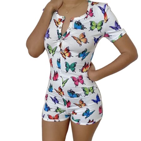 

EYIIYE Ladies Short Sleeve V-Neck Butterfly Printed Buckle Sleepwear