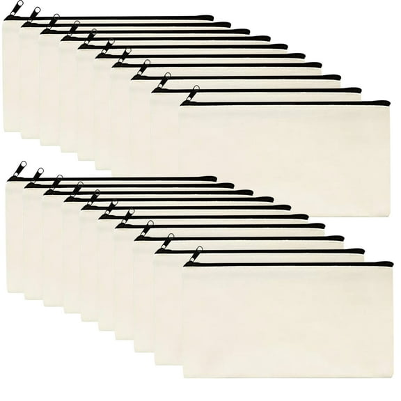 OAVQHLG3B 20 Pack Blank DIY Craft Bag Canvas Pen Pencil Case Cotton Canvas Invoice Bill Bag Makeup Bag Cosmetic Bag Multipurpose Travel Toiletry Pouch with Black Zipper 8.3 x 4.7 inches