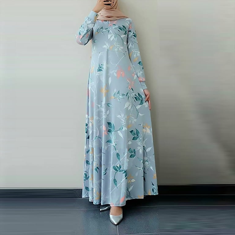 YZHM Women's Floral Print Muslim Modest Dress Full Sleeve Crew Neck Swing Loose Long Dress Ankle-Length Islamic Dress, Size: XL, Blue