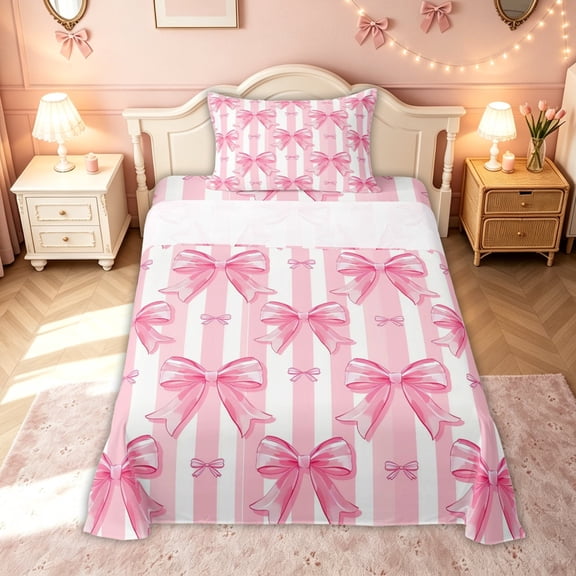 meiyoeat Watercolor Bow Stripe Twin Sheets for Kids Girls, Girly Pink Ribbon Bedding, 3pcs