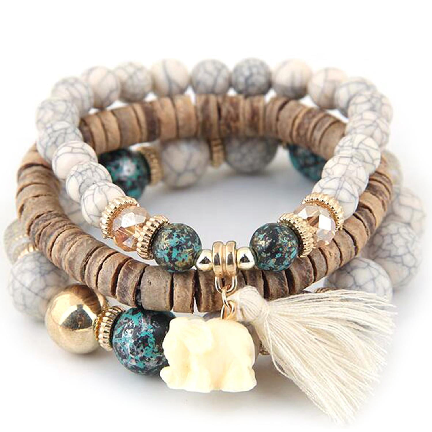Erholi Women Fashion Wood Beads Bracelets Boho Small Elephant Charm Bracelets Set Vintage Style Jewelry Strand