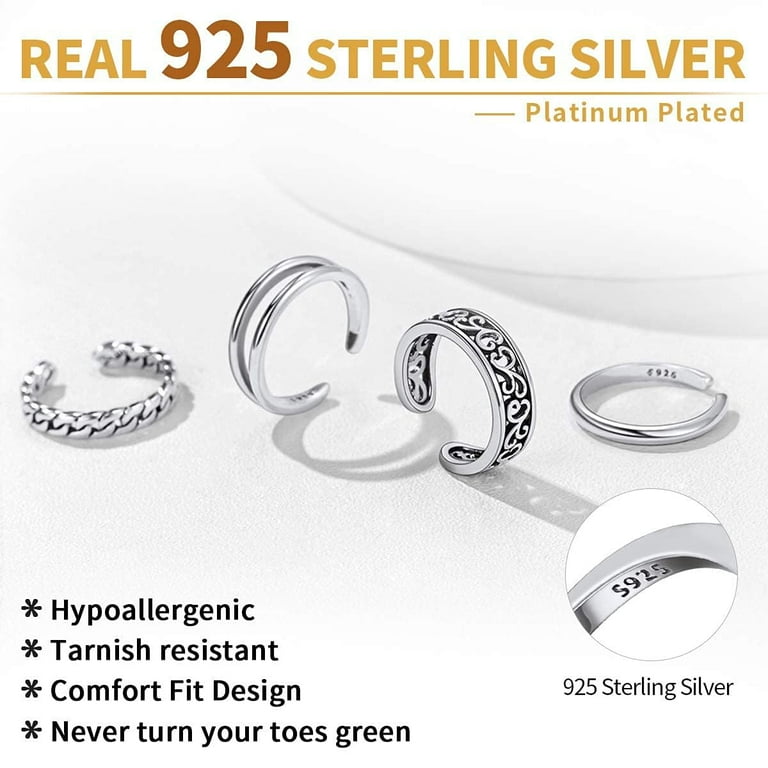 ChicSilver Adjustable Toe Ring Set of 4 for Women, 925