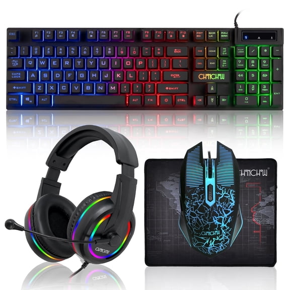 CHONCHOW 4-in-1 Wired Gaming Bundle - Rainbow Backlit Keyboard, 4800 DPI Ergonomic Mouse, Noise Cancelling Headset & Large Mouse Pad, Compatible with PC, PS4, PS5, Xbox One, Mac