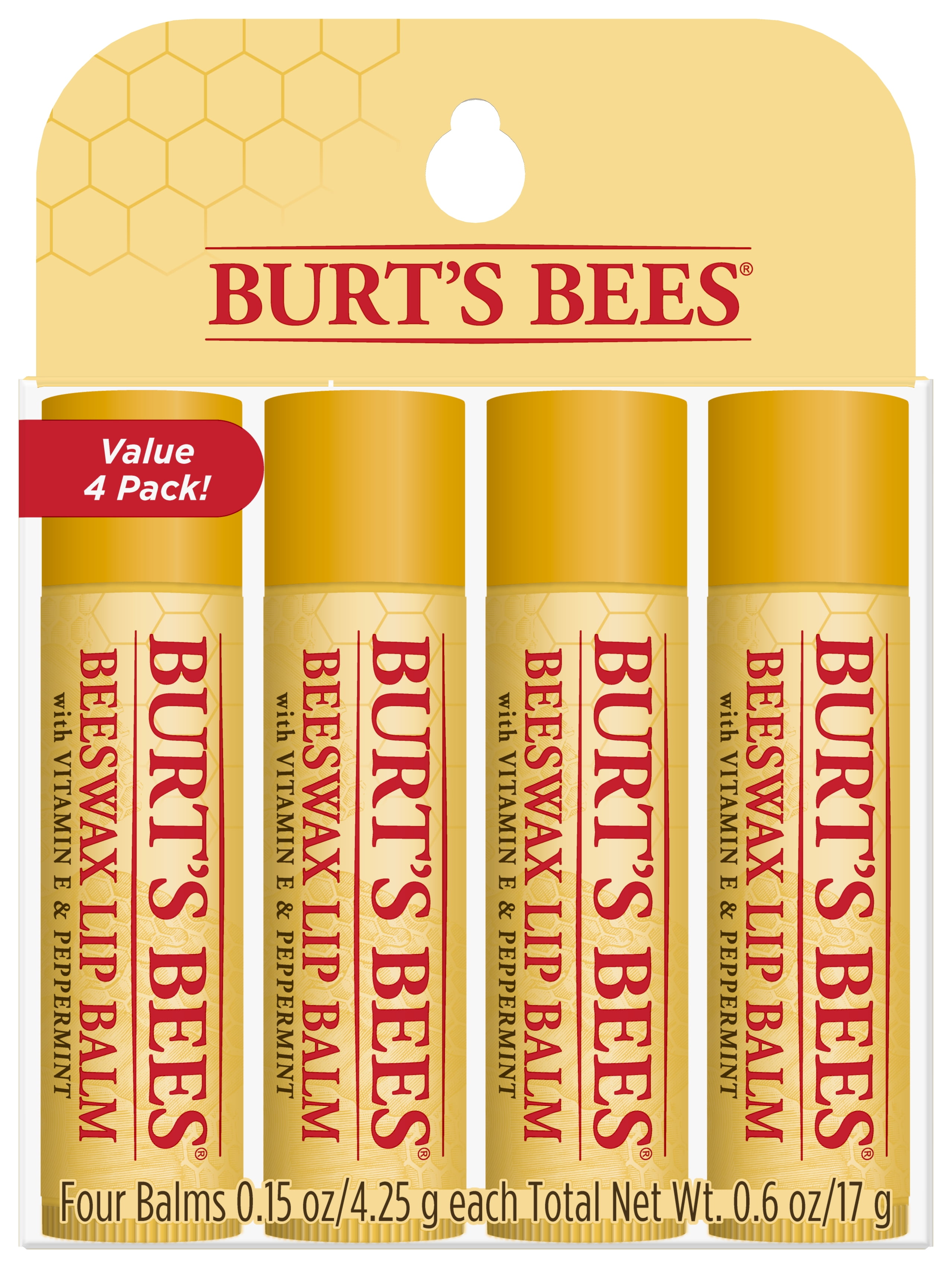 Burts Bees 100 Natural Moisturizing Lip Balm Original Beeswax With Vitamin E Peppermint Oil 4 Tubes Walmartcom