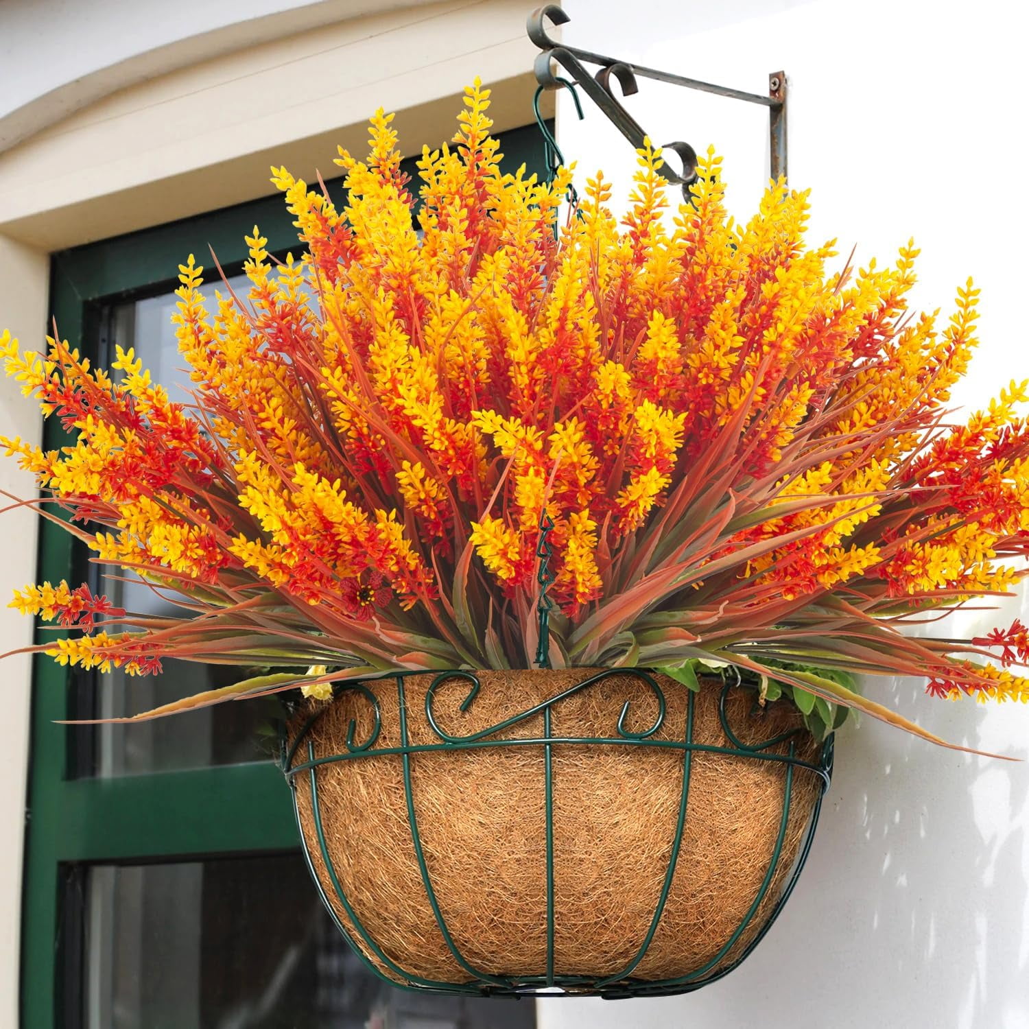10 Bundles Artificial Plants Outdoor Fake Monkey Grass with Flowers (Fall Orange)