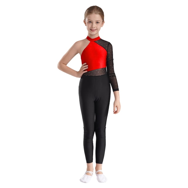 Aislor Combinaison de Danse pour Filles, une Épaule, Manches Longues, Justaucorps de Gymnastique, Rouge 12