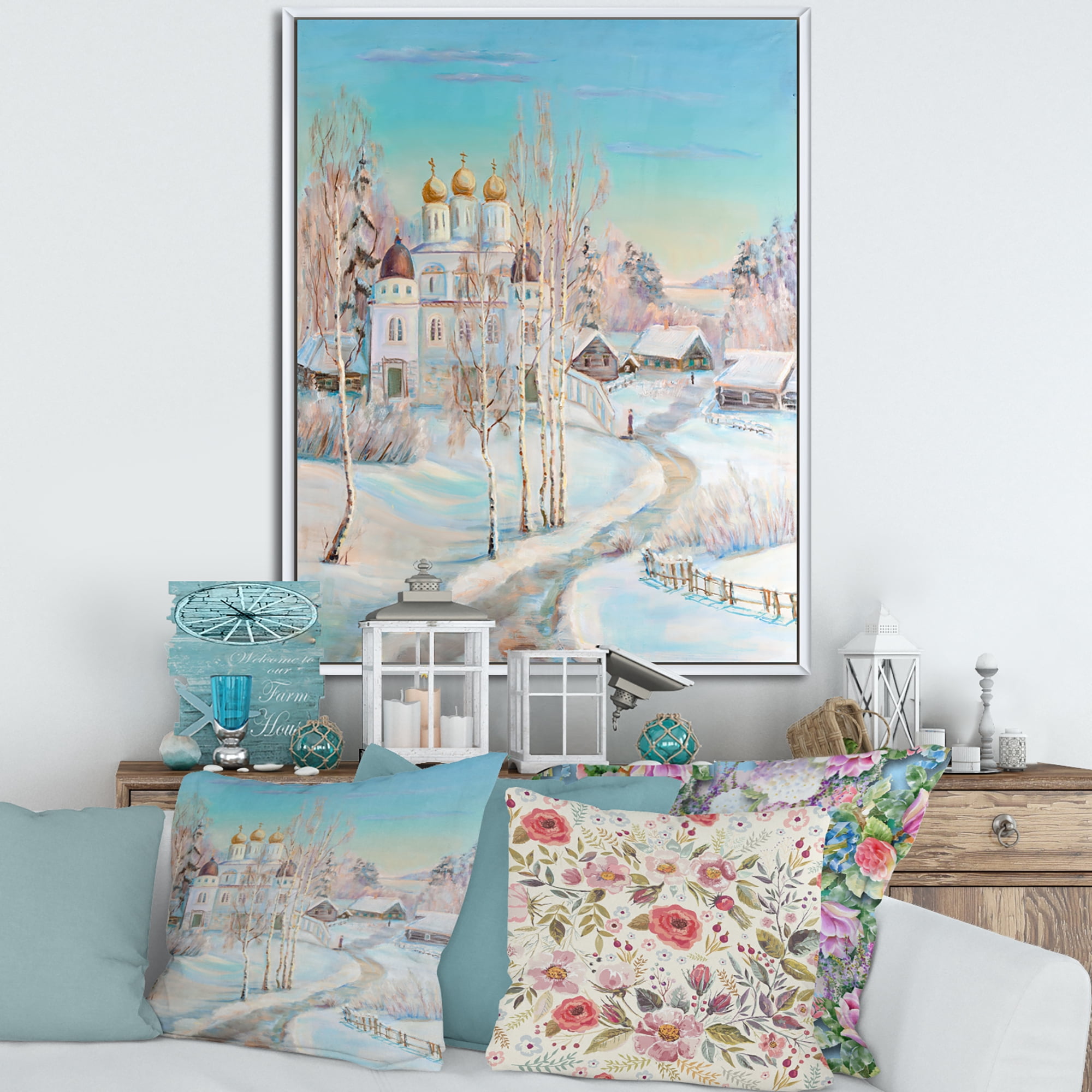Designart 'Temple Over Country Road In Winter Landscape' Traditional Framed Canvas Wall Art Print