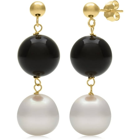 Onyx Seed Pearl - 7.5-8.5mm Cultured Freshwater Pearl and Black Onyx 14kt Yellow Gold Drop Dangle Earrings