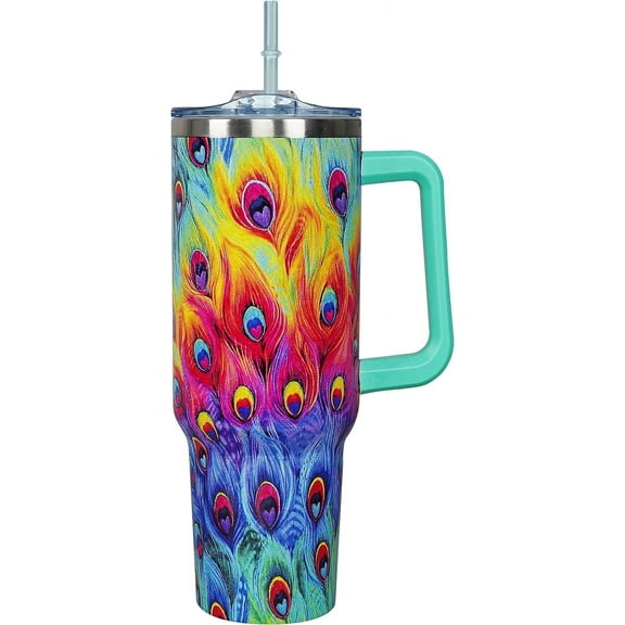 40 Oz Tumbler With Handle 40oz Peacock Tumbler With Lid Straw Double Insulated Travel Coffee Mug Peacock cup Gifts For Women