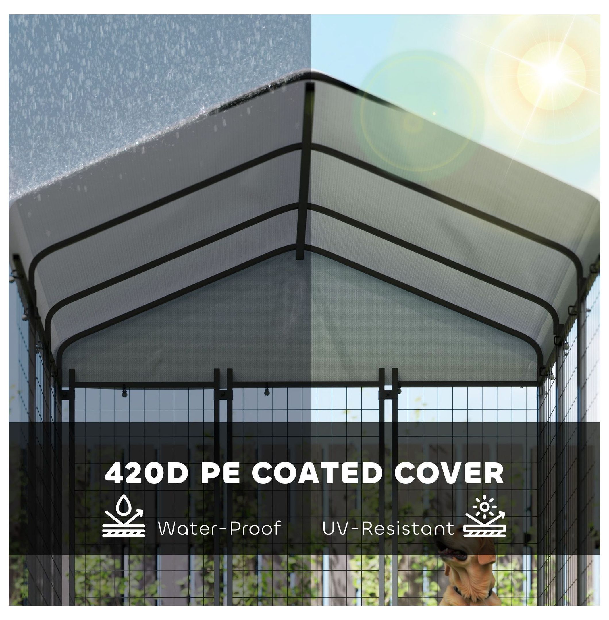 Outdoor Dog Kennel 5.9'x5.9'x6', Large Dog Run with Roof, Rotating Bowls & Adjustable Height Racks - Secure Pet Enclosure
