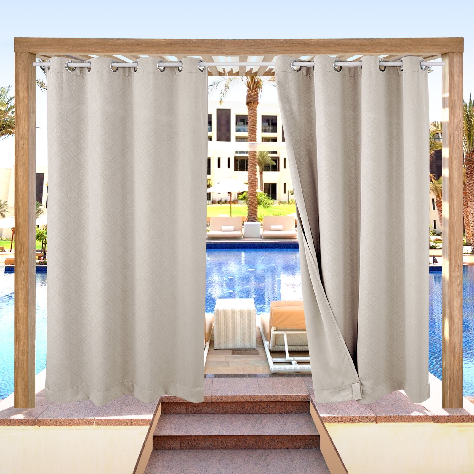 SHANNA Outdoor Curtains, Waterproof Windproof UV Protection Blackout Curtains with Eyelets, 3D Textured Pattern for Garden, Pergola, Balcony, Creamy Beige, 52 X 84 inch