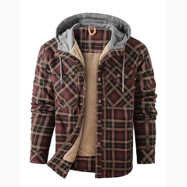 LOVZFMLL Jackets for Men's Button Opening And Closing Fleecing Plaid Coat Long Sleeve Hooded Jacket