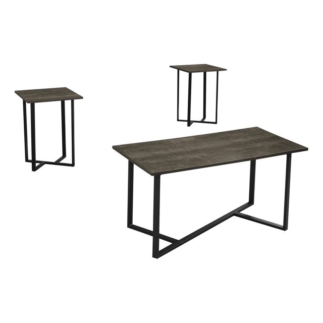 Monarch Specialties 3-piece contemporary living room table set featuring cream stone laminate tops and black metal frames, including one coffee table and two end tables.