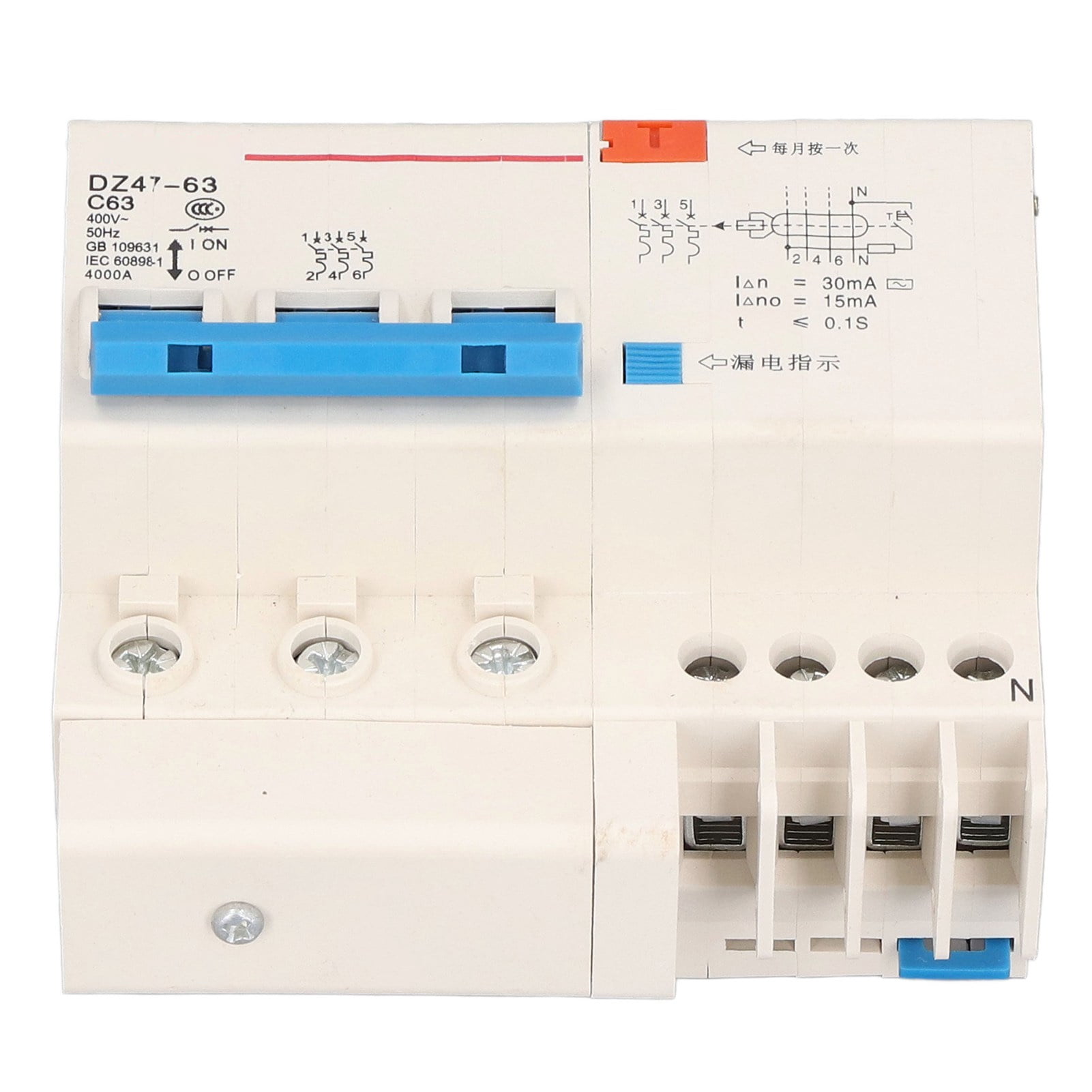 Circuit Breaker, 3P 63A 220V ABS Material Leakage Protection Overload