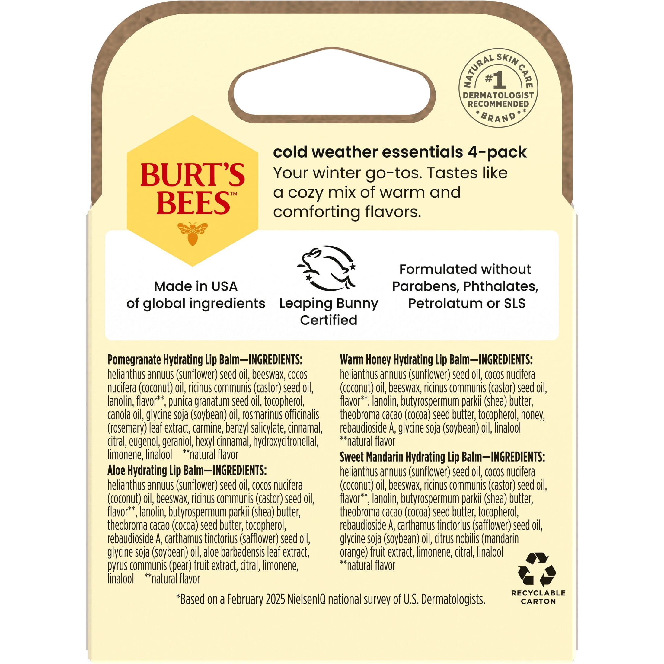 Burt's Bees Cold Weather Essentials 24-Hour Hydrating Natural Lip Balm Value Pack, Walmart Exclusive, 4 Pack