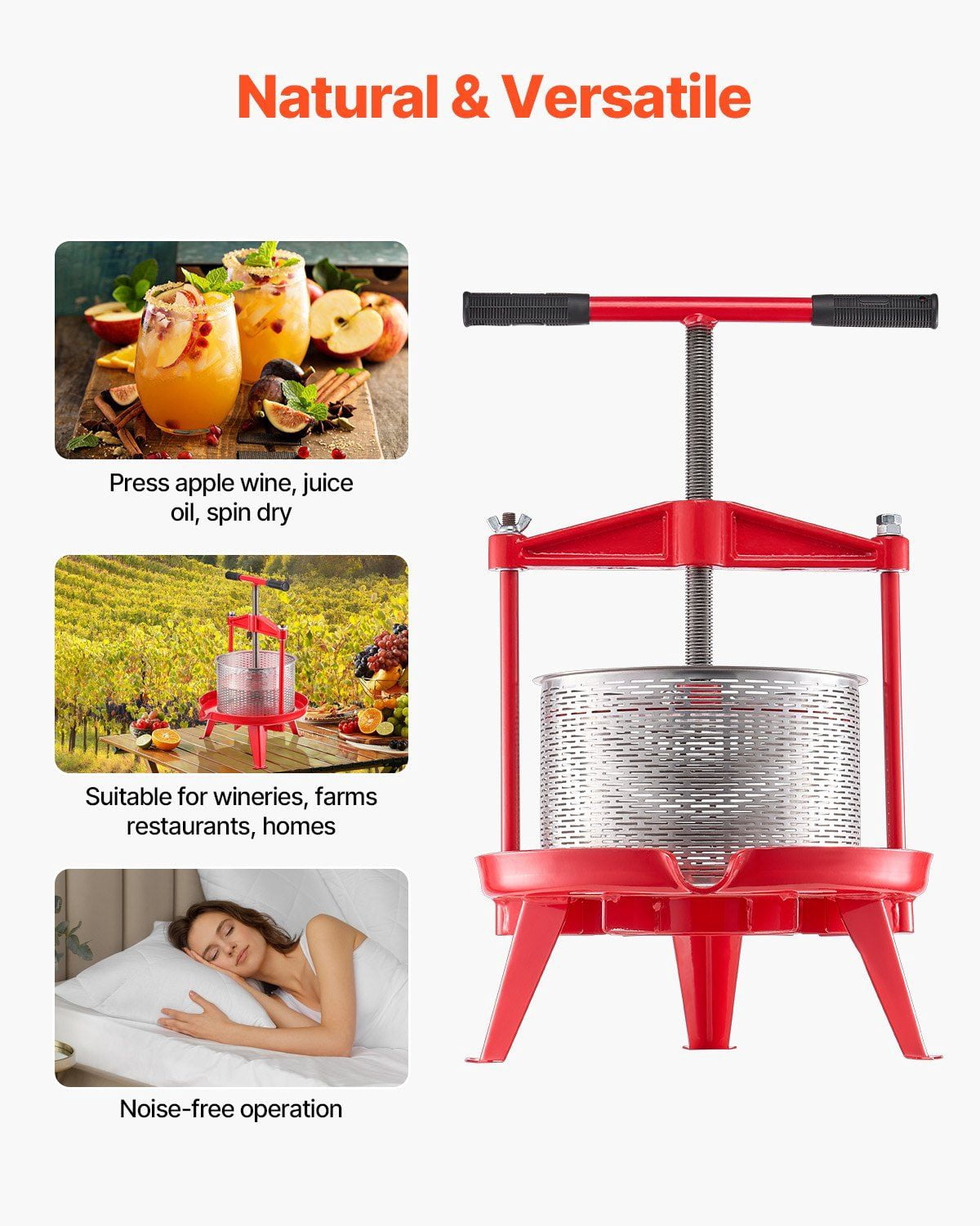 Manual Fruit Wine Press for Wine Making, 2.38 Gal/9L Stainless Steel Juice Extractor with Cast Iron Crossbeam, Large Capacity, T-Handle Spiral Press, Removable Basket, Ideal for Home, Farm, or Winery