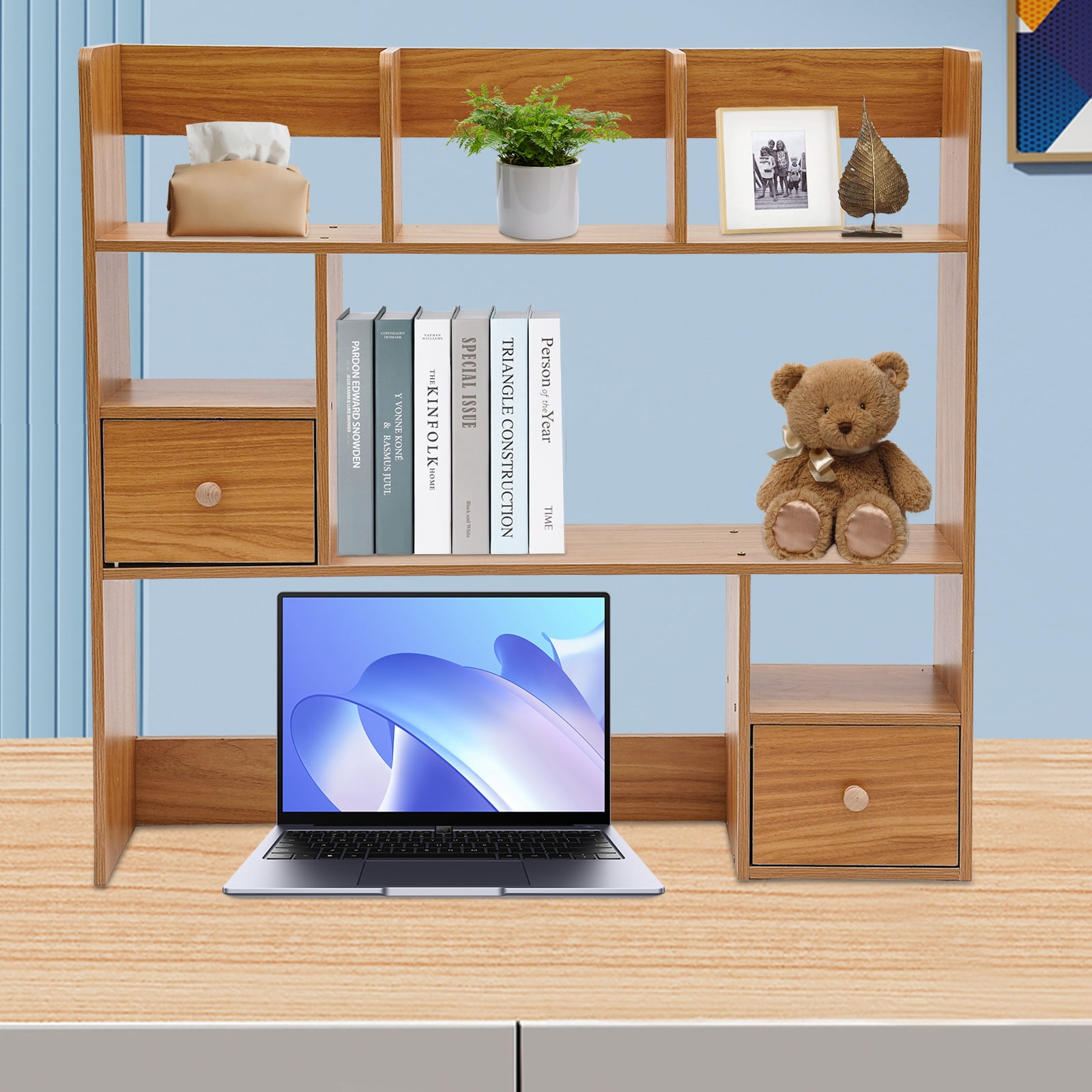 Modern Desktop Storage Organizer Home Office Desktop Bookshelf Holder Computer Rack Desk Organizer for Space Saving (Pine Color)