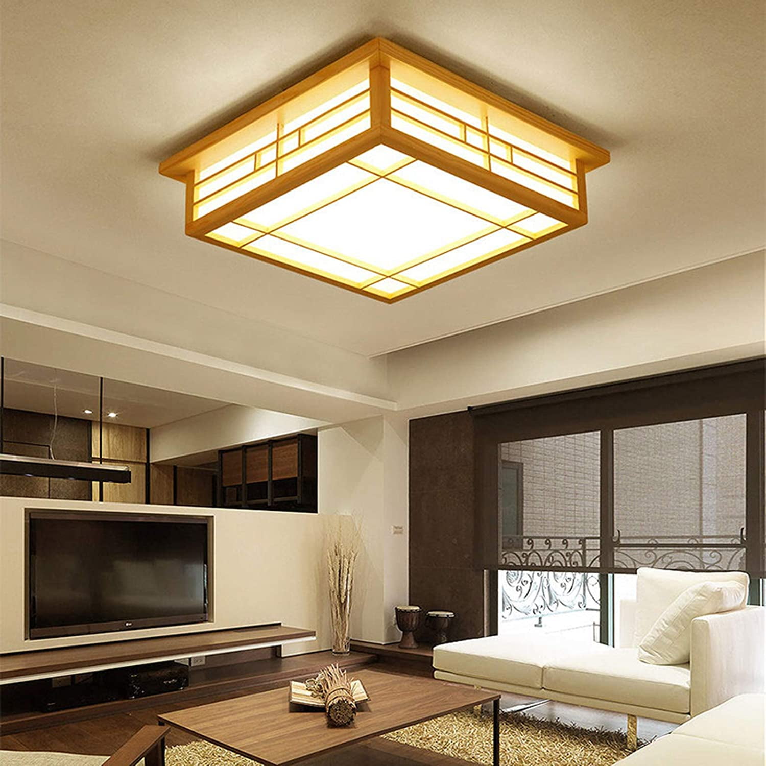 Miumaeov Ceiling Light Japanese Style Simple Modern LED Close to Ceiling Light Fixture Wooden Lampshade Stepless Dimming 110V (45*45*12cm)