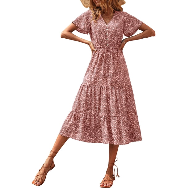 Vestido PRETTYGARDEN XL Rojo Ladrillo Floral con Escote en V y Volantes