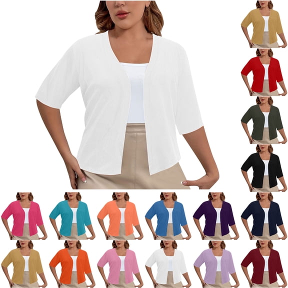 Bmawag Lightweight Cropped Cardigan for Women Plus Size Solid Color Casual Loose Open Front Elbow Length Sleeve V-Neck Cardigan Tops White 4XL