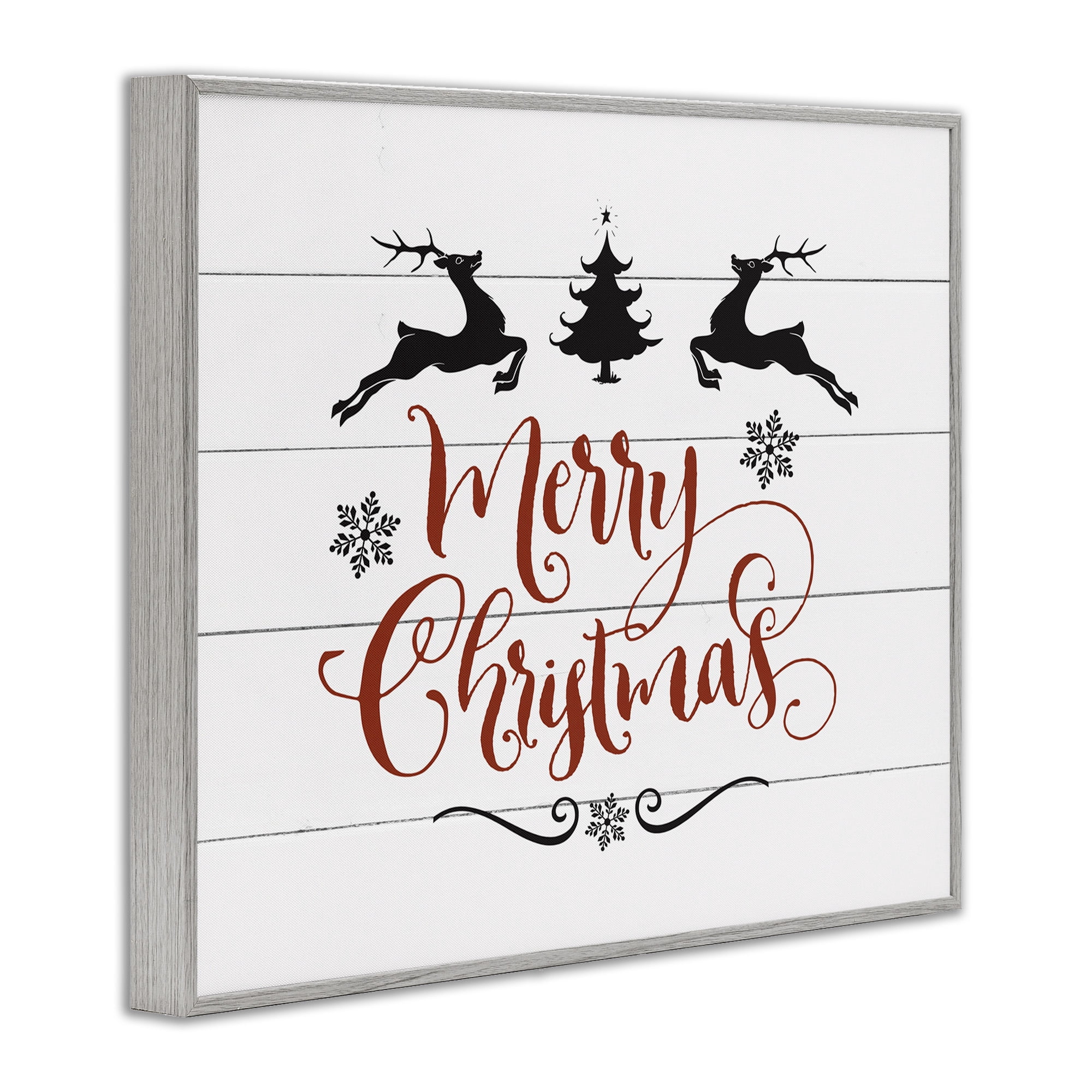 Stupell Industries Merry Christmas with Reindeer Holiday Painting Gray Framed Art Print Wall Art, 14 x 11