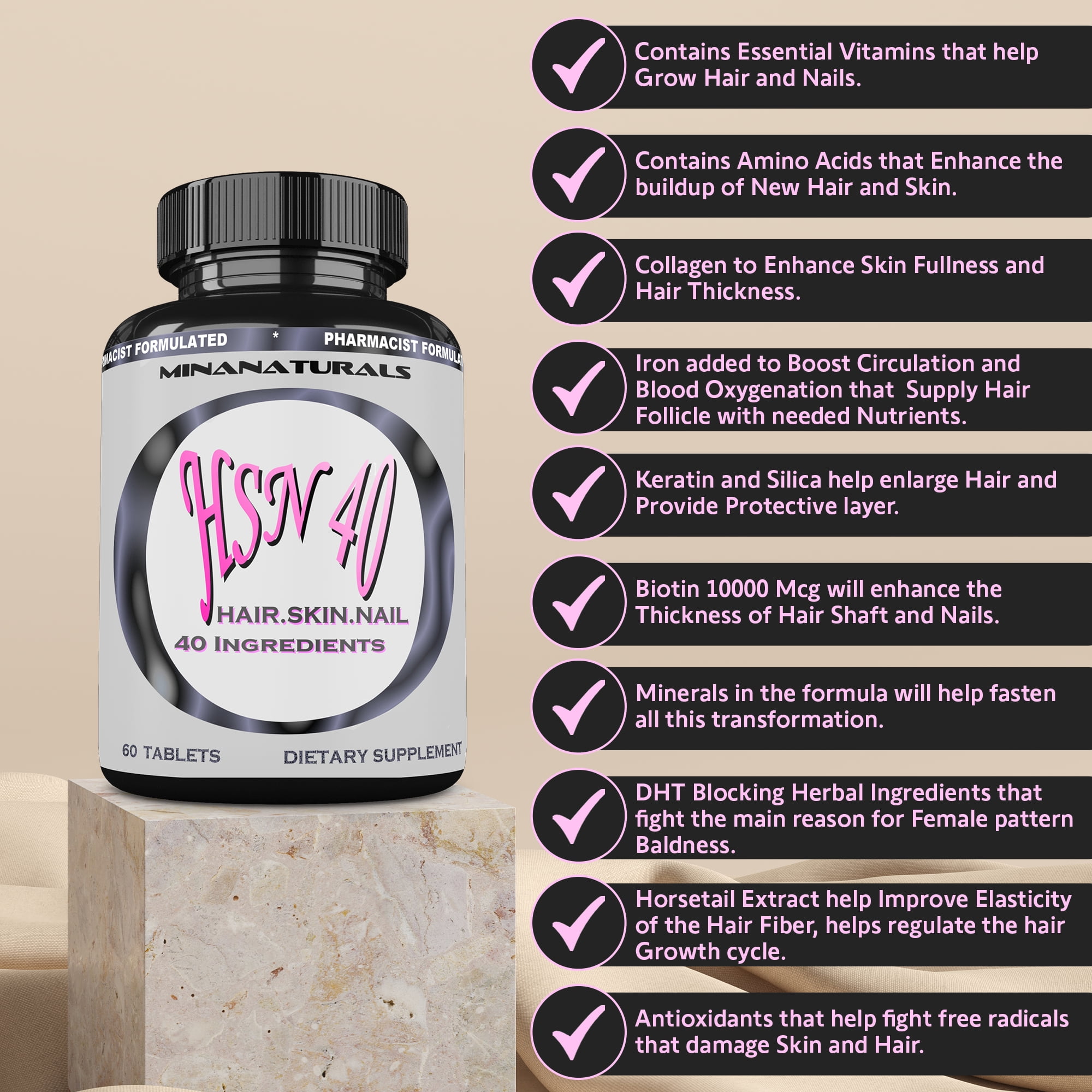 Minanaturals HSN 40 Hair Growth Supplement, Biotin 10000 mcg, Keratin, Collagen, 60 Tablets