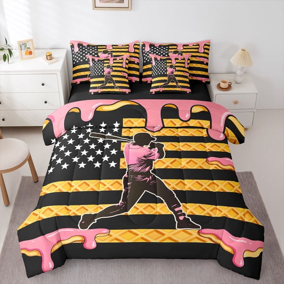 Erosebridal Teens Baseball Gamer Ice Cream Drip Twin Bedding Sets 7-Piece,USA Flag Waffle Bedding Comforter Set for Kids Boys Girls,Black Reversible,Lightweight Room Decor