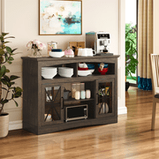47 Inch Brown Farmhouse TV Stand with LED Lights & Glass Doors, Retro Media Console with Adjustable Shelves, Anti-Tip Entertainment Cabinet Fits Fireplace Insert for Living Room Bedroom
